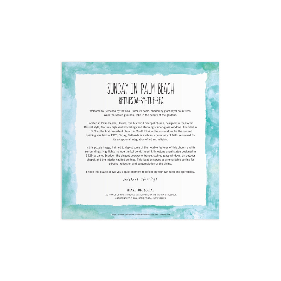 The Michael Storrings Sunday in Palm Beach 500 Piece Puzzle features a white square card with a teal watercolor border, info about Bethesda-By-The-Sea church’s history, and a puzzle inspired by its architecture, signed by Michael Storrings.