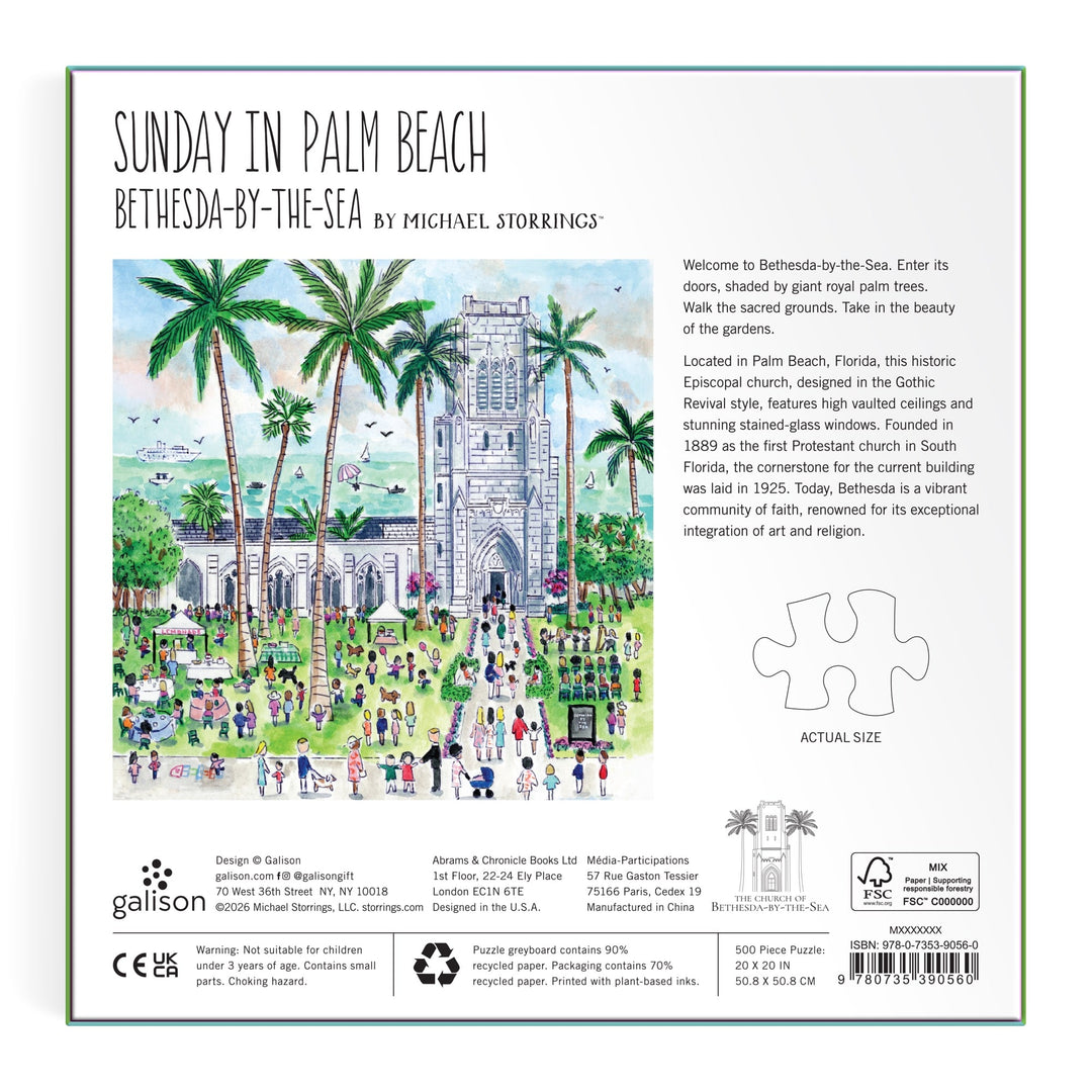The image shows the back of the Michael Storrings Sunday in Palm Beach 500 Piece Puzzle box, featuring a colorful church scene with palm trees, people in bright attire, and blue sky. Text describes the artwork and puzzle details. Brand: Michael Storrings.