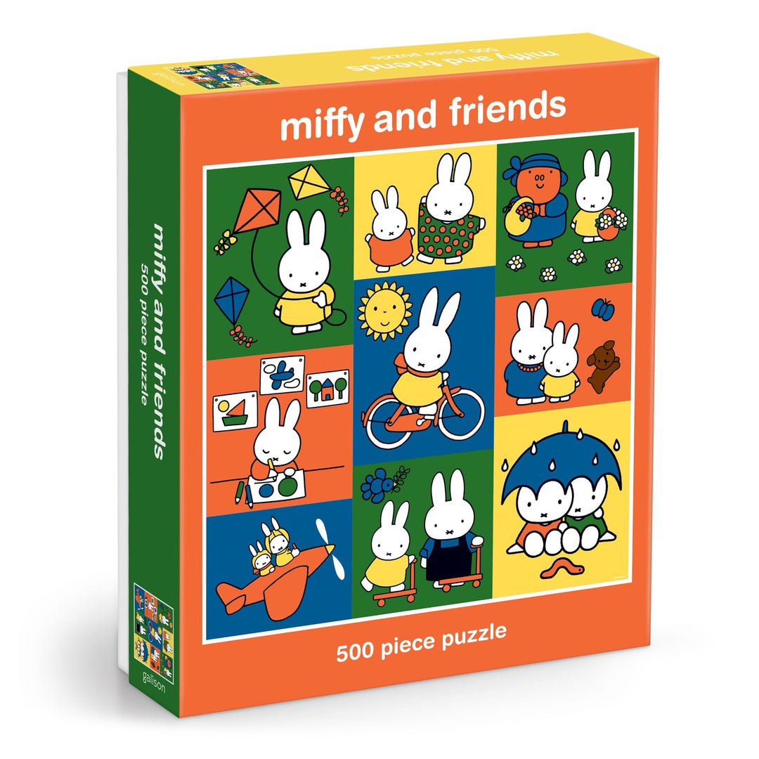 The Miffy and Friends 500 Piece Puzzle by Miffy features vibrant, cartoon scenes with white bunny characters, kites, a bike, and playful outdoor moments on the box.