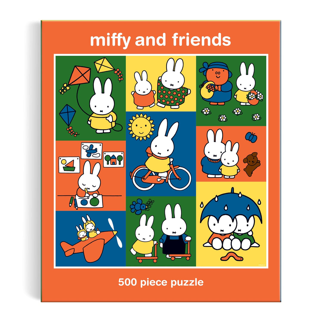 The Miffy and Friends 500 Piece Puzzle by Miffy features colorful scenes of white cartoon bunnies and friends flying kites, painting, riding bikes, in an airplane, and relaxing under an umbrella.