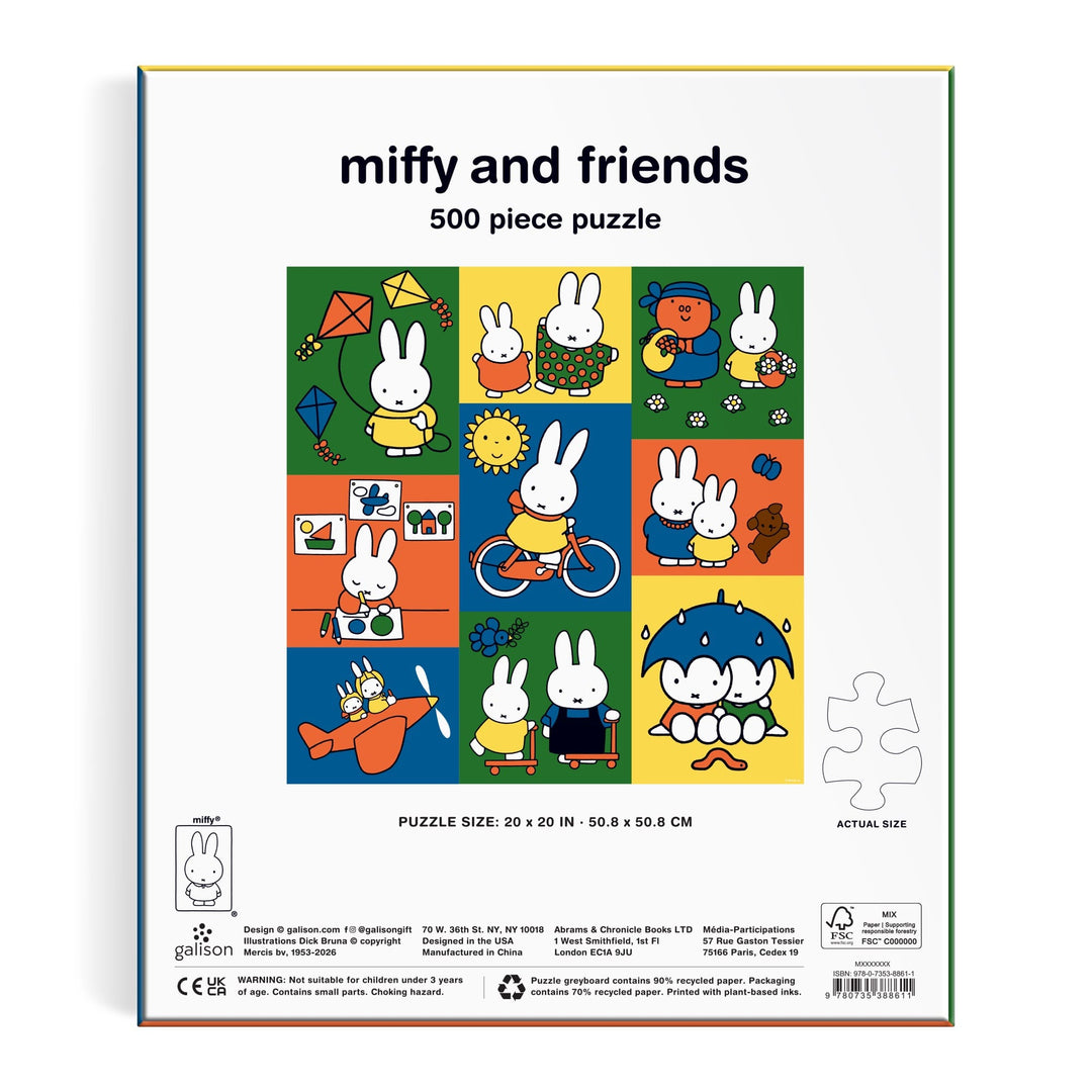 The back of the Miffy and Friends 500 Piece Puzzle box by Miffy displays vibrant scenes with Miffy the bunny and friends on a white background, plus a sample puzzle piece shape shown on the right.