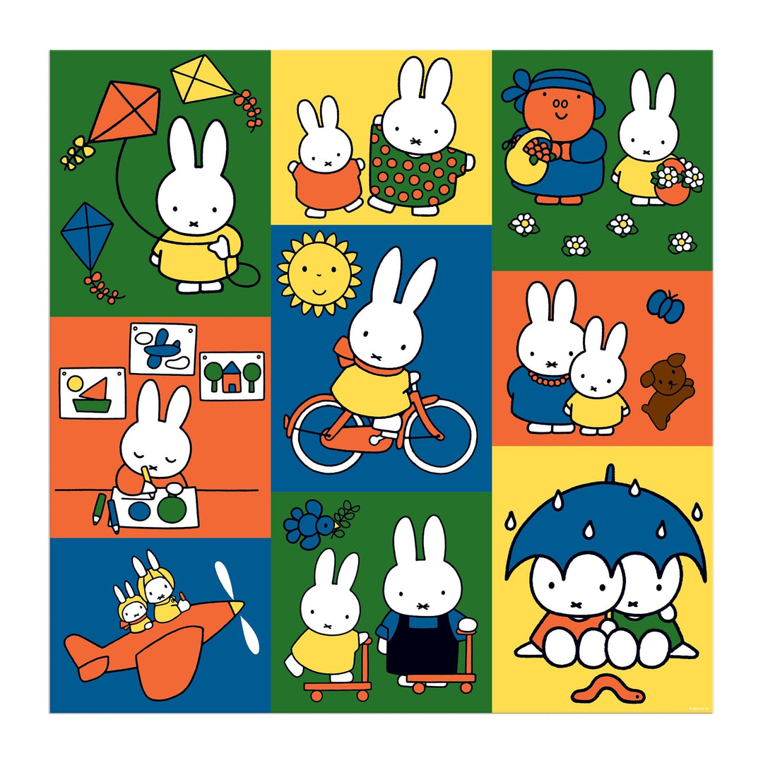 Enjoy assembling the Miffy and Friends 500 Piece Puzzle by Miffy, featuring a vibrant grid of Miffy and friends playing, painting, riding bikes, flying kites and planes, picking flowers, and sitting under a blue umbrella in the rain.
