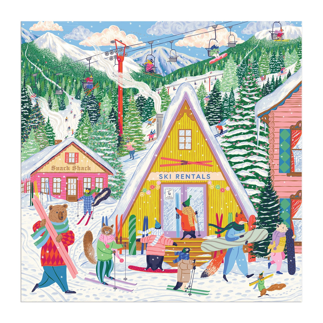 Enjoy assembling the Emily Taylor Ski Village 500 Piece Puzzle, featuring a vibrant snowy resort scene with animals skiing, snowboarding, and renting gear beside an A-frame rentals building, snack shack, trees, mountains, and a gondola ski lift.