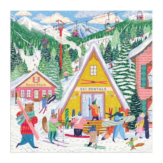 Enjoy assembling the Emily Taylor Ski Village 500 Piece Puzzle, featuring a vibrant snowy resort scene with animals skiing, snowboarding, and renting gear beside an A-frame rentals building, snack shack, trees, mountains, and a gondola ski lift.