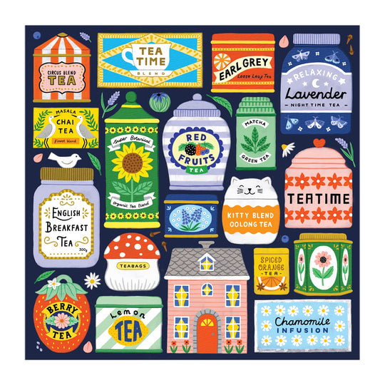 The Spot of Tea 500 Piece Puzzle by Holly Maguire features a vibrant illustration of tea tins, packets, and jars around a whimsical house, with bold patterns, fruit, and teabags—perfect for tea lovers and puzzlers alike.