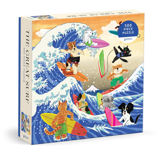 The Great Surf 500 Piece Puzzle by Yeji Yun showcases dogs and cats surfing vibrant waves on surfboards, inspired by Hokusai’s iconic wave artwork.