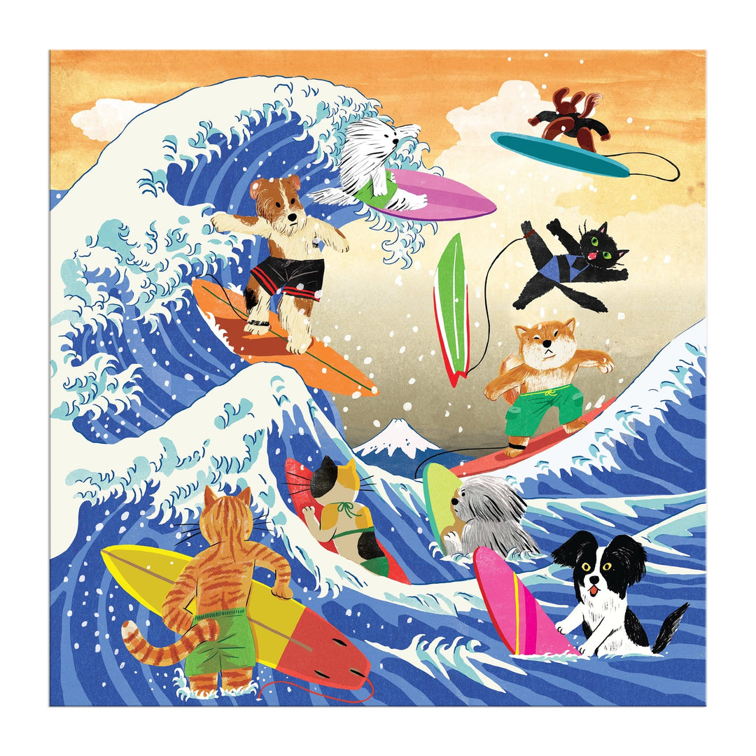 Enjoy assembling "The Great Surf 500 Piece Puzzle" by Yeji Yun, featuring playful cats and dogs surfing vibrant waves, a crab on a floating board, and a mountain backdrop under an orange sky.