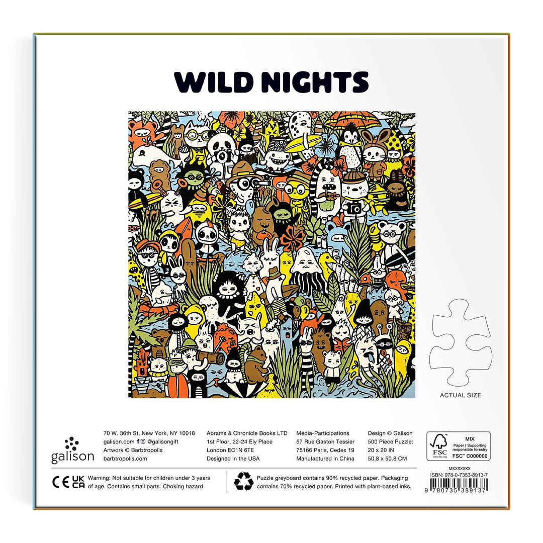 Barbtropolis Wild Nights 500 Piece Puzzle: A vibrant, cartoonish scene packed with whimsical animals, ghosts, birds, and playful characters—all in a busy, lively Barbtropolis style.