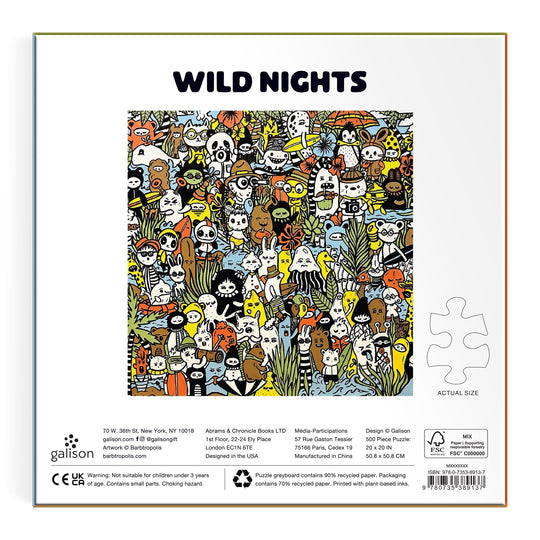 Barbtropolis Wild Nights 500 Piece Puzzle: A vibrant, cartoonish scene packed with whimsical animals, ghosts, birds, and playful characters—all in a busy, lively Barbtropolis style.