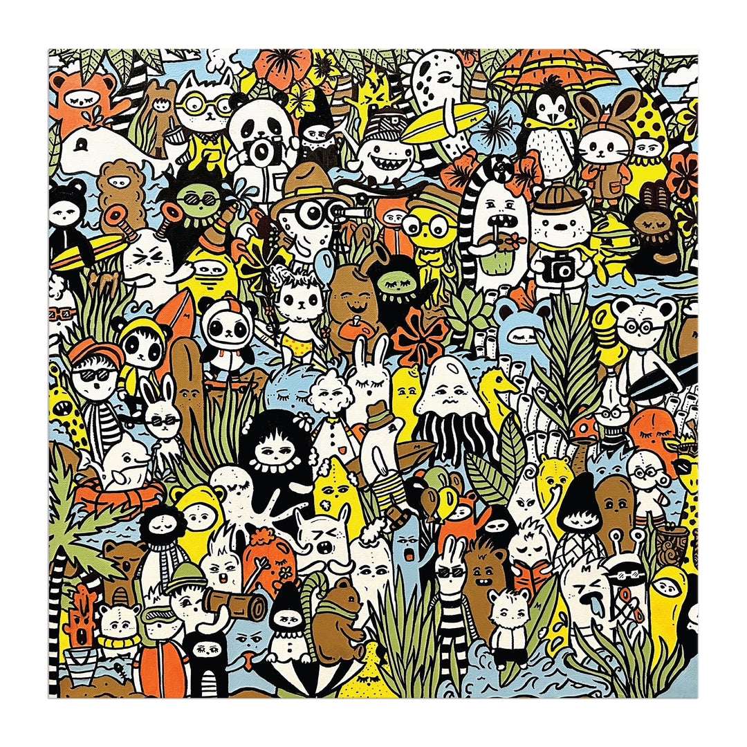 The Barbtropolois Wild Nights 500 Piece Puzzle by Barbtropolis features a vibrant, bustling scene of whimsical animals—like cats, bears, rabbits, and birds—in quirky outfits set in a playful jungle-inspired environment.