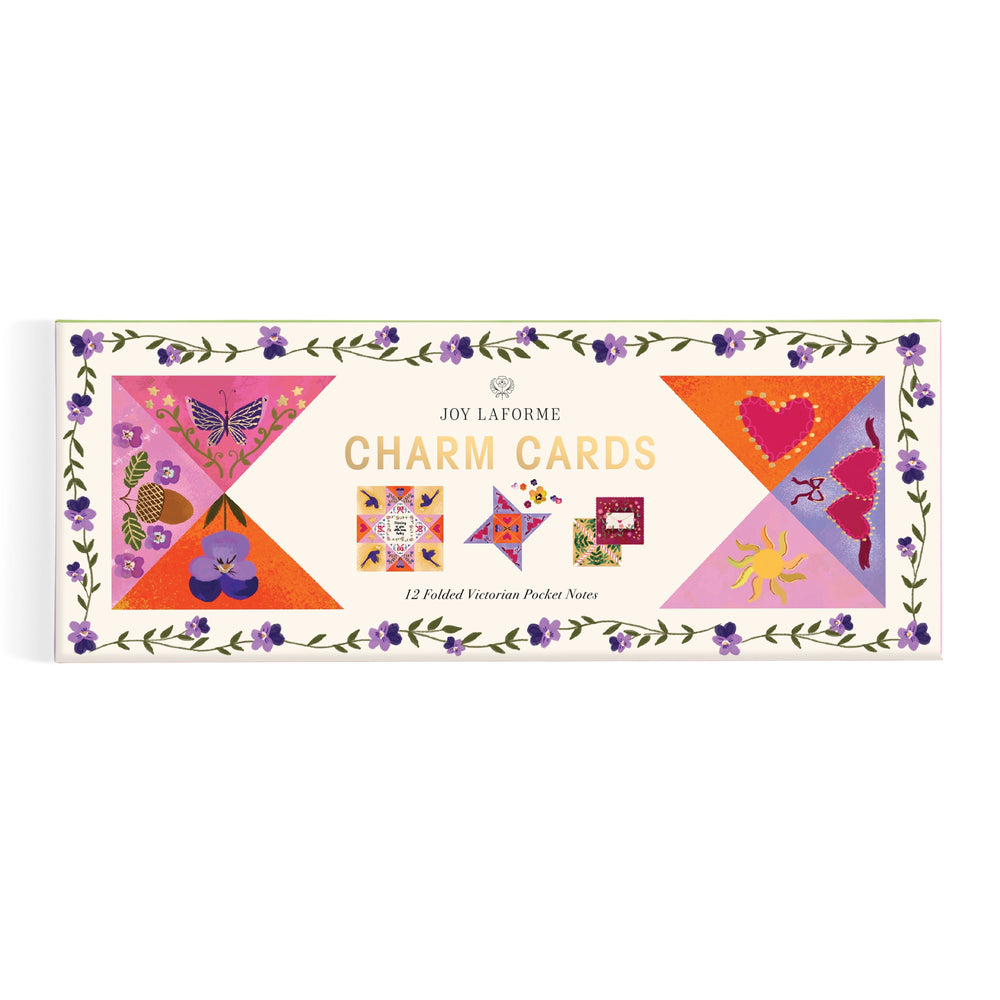 The Joy Laforme Charm Cards by Joy Laforme feature colorful geometric art—like butterflies, hearts, a sun, and floral motifs—with a green vine and purple flower border, making them ideal for refined stationery and sophisticated messages.