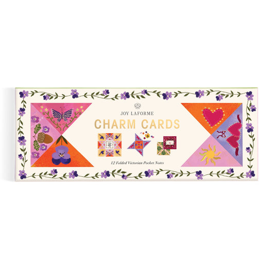 The Joy Laforme Charm Cards by Joy Laforme feature colorful geometric art—like butterflies, hearts, a sun, and floral motifs—with a green vine and purple flower border, making them ideal for refined stationery and sophisticated messages.