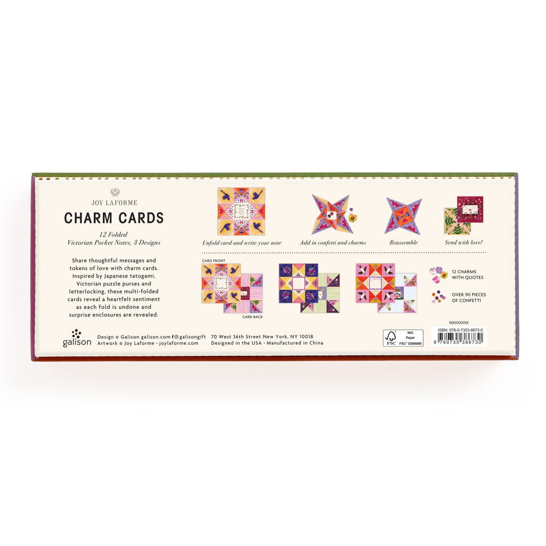 The back of the Joy Laforme Charm Cards box shows vibrant quilt-themed card designs, a set description, and details like artist name Joy Laforme, product quantity, and manufacturing info.