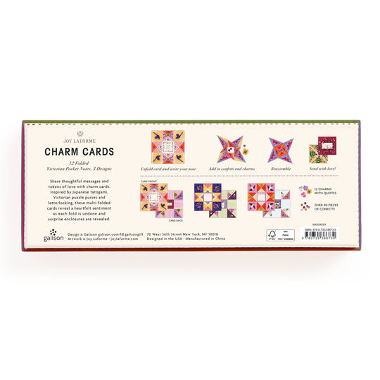 The back of the Joy Laforme Charm Cards box shows vibrant quilt-themed card designs, a set description, and details like artist name Joy Laforme, product quantity, and manufacturing info.