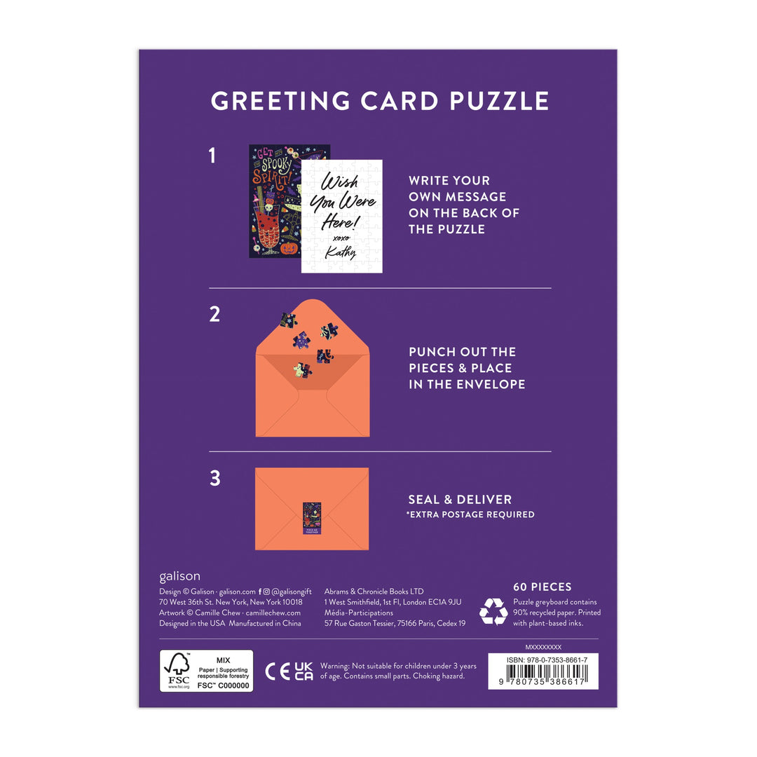 The image shows the back of Camille Chews Get into the Spooky Spirit Greeting Card Puzzle, featuring purple background and instructions: Write your message, punch out pieces, place in envelope, seal, and deliver.
