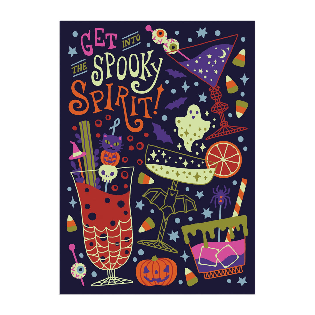 The Get into the Spooky Spirit Greeting Card Puzzle by Camille Chew features a vibrant Halloween design with cocktails, candy corn, bats, skulls, pumpkins, eyeballs, stars, and festive decorations around the cheerful message.