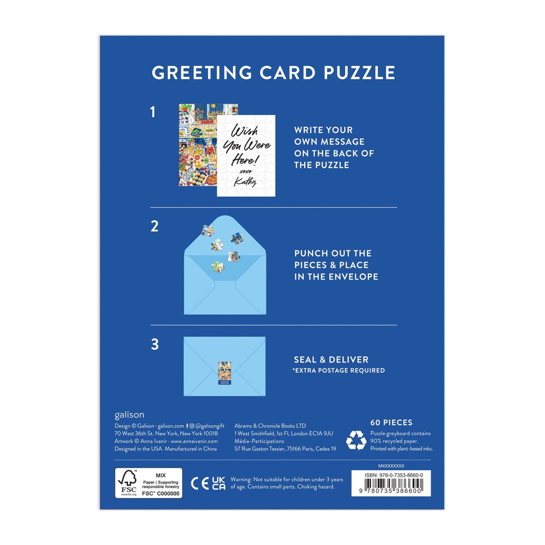 Back of Happy Hanukcats Greeting Card Puzzle by Anna Ivanir: write your message on the puzzle, punch out and envelope the pieces, seal and deliver. Step-by-step images included. Features festive cat artwork.