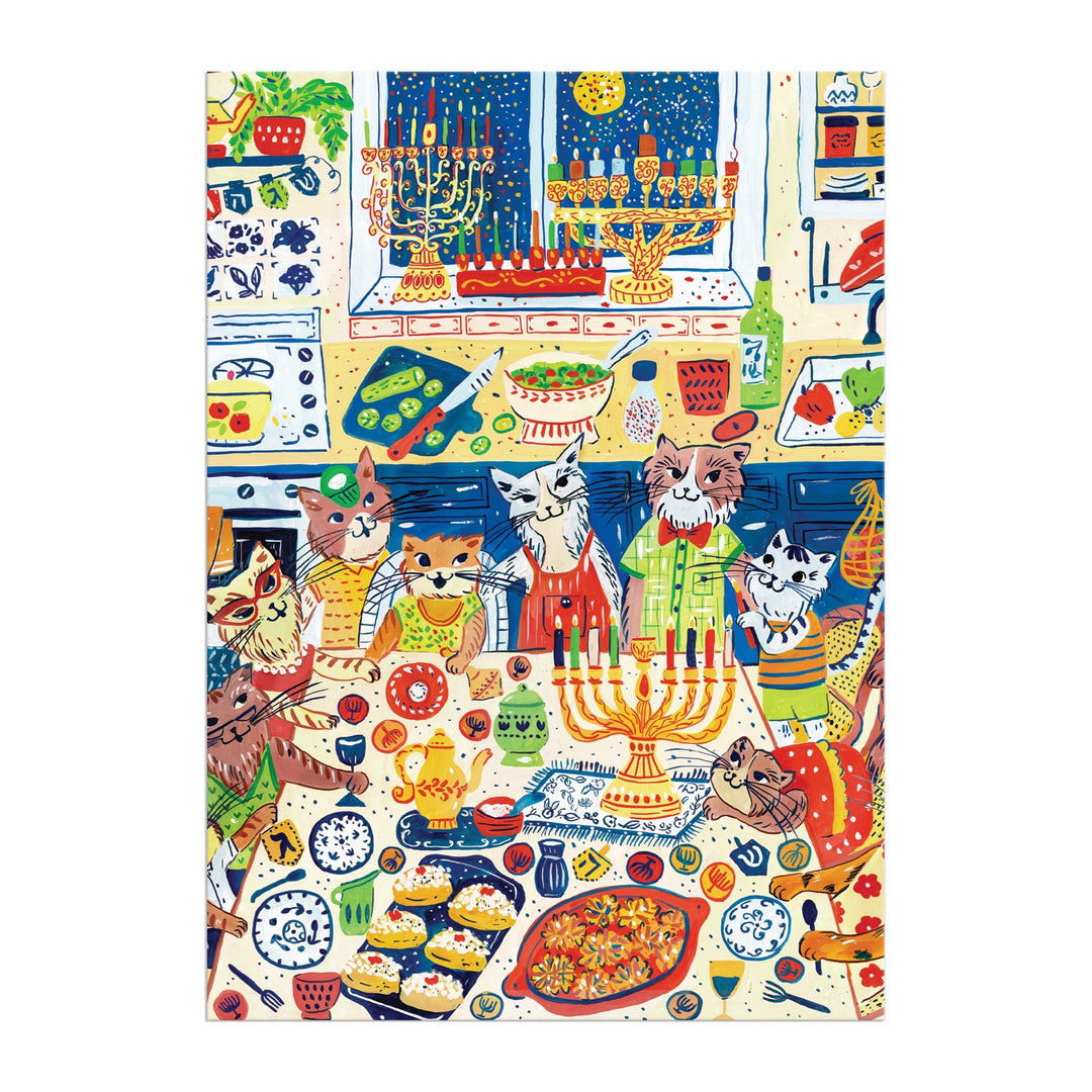 The Happy Hanukcats Greeting Card Puzzle by Anna Ivanir features five festive cats in aprons celebrating Hanukkah in a colorful kitchen with menorahs, treats, and décor—a perfect interactive holiday card.