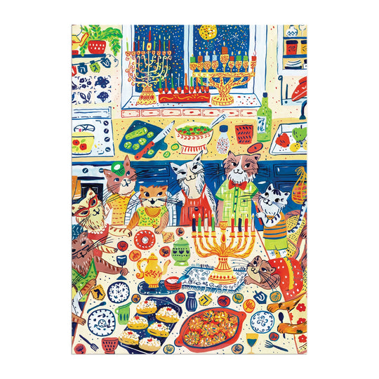 The Happy Hanukcats Greeting Card Puzzle by Anna Ivanir features five festive cats in aprons celebrating Hanukkah in a colorful kitchen with menorahs, treats, and décor—a perfect interactive holiday card.