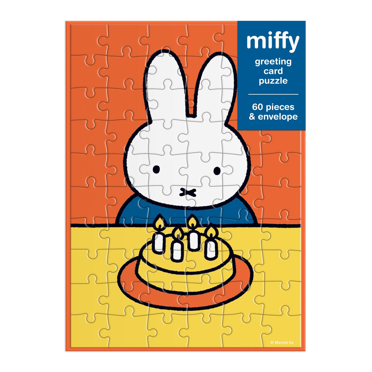 The Miffy Birthday Greeting Card Puzzle by Miffy is a 60-piece puzzle showing Miffy the bunny at a table with a birthday cake topped with four candles, set against an orange background.