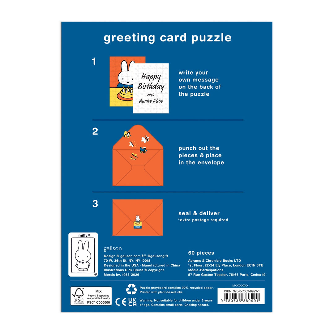 The back of the Miffy Birthday Greeting Card Puzzle box features illustrated instructions: write your message on the puzzle, punch out the pieces, place them in the orange envelope, and seal. Miffy branding and product details appear at the bottom.