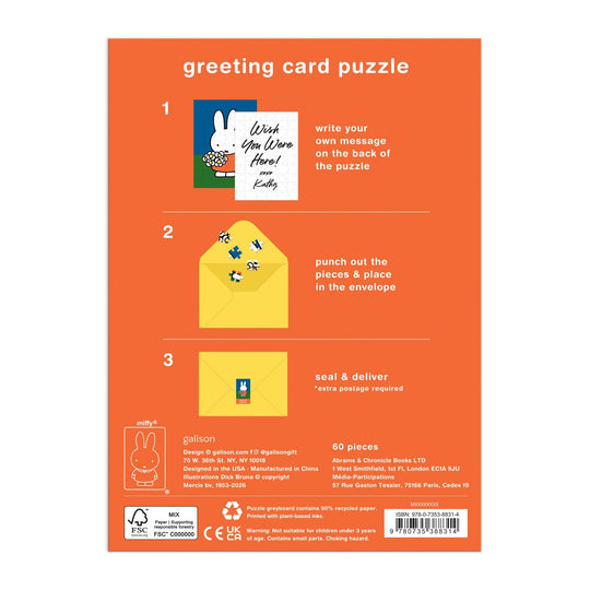 Back of Miffy with Flowers Greeting Card Puzzle box: 1) Write your message on the puzzle, 2) Punch out pieces & place in envelope, 3) Seal and deliver. Features product info and a Miffy character illustration. Brand: Miffy.