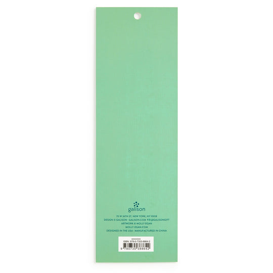 A tall, rectangular mint green package with a small hole at the top features "Home Sweet Home Magnetic Bookmarks" by Molly Egan in the center, plus a barcode and manufacturing details at the bottom.