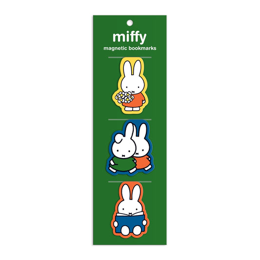 The Miffy Magnetic Bookmarks by Miffy come in a green pack with three designs: Miffy holding flowers, hugging another bunny, and sitting with an open book.