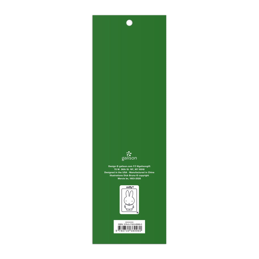 The Miffy Magnetic Bookmarks by Miffy are green, rectangular, and feature a small hole at the top. The back displays white text, the Galison logo, and a simple white cartoon bunny illustration near the bottom.