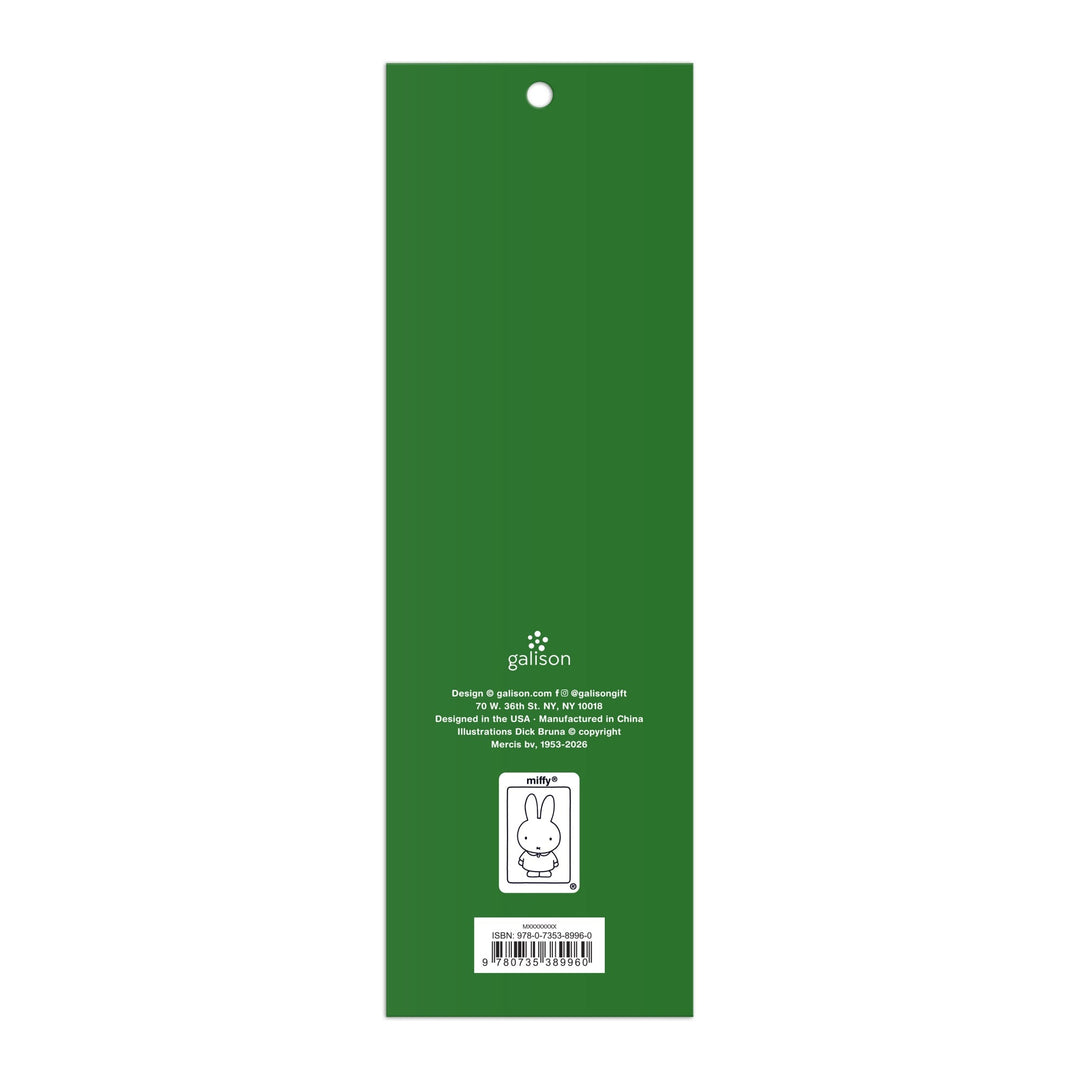 The Miffy Magnetic Bookmarks by Miffy are green, rectangular, and feature a small hole at the top. The back displays white text, the Galison logo, and a simple white cartoon bunny illustration near the bottom.