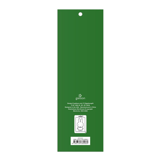 The Miffy Magnetic Bookmarks by Miffy are green, rectangular, and feature a small hole at the top. The back displays white text, the Galison logo, and a simple white cartoon bunny illustration near the bottom.