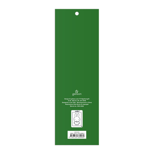 The Miffy Magnetic Bookmarks by Miffy are green, rectangular, and feature a small hole at the top. The back displays white text, the Galison logo, and a simple white cartoon bunny illustration near the bottom.