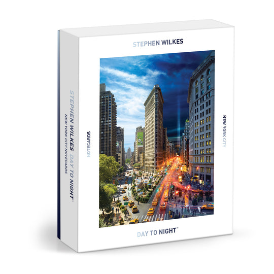 The Stephen Wilkes Day To Night® New York City Notecard Set by Stephen Wilkes Photography, Inc. features notecards with a time-lapse image of the Flatiron Building blending day and night views.