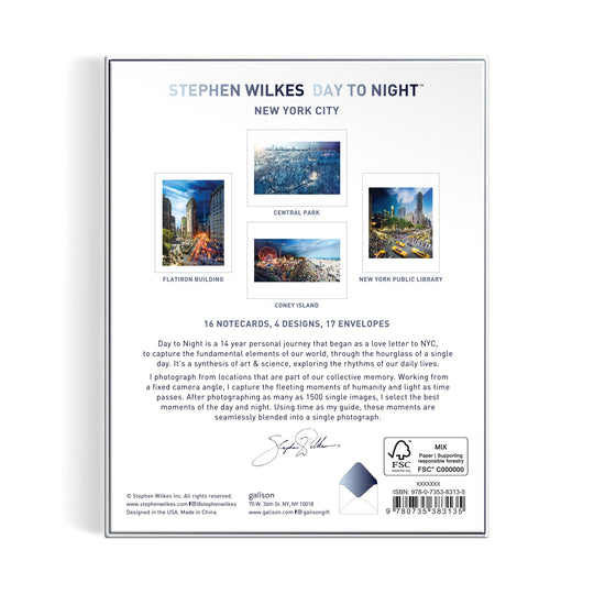 The back cover of the Stephen Wilkes Day To Night® New York City Notecard Set by Stephen Wilkes Photography, Inc. features four iconic NYC landmarks in time-lapse photos, plus a description and production details.