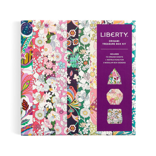 A square Liberty Origami Treasure Box Kit by Liberty of London Ltd features vibrant Liberty patterns, a purple area with three origami box examples, and text noting that 70 sheets and instructions are included in this origami kit.