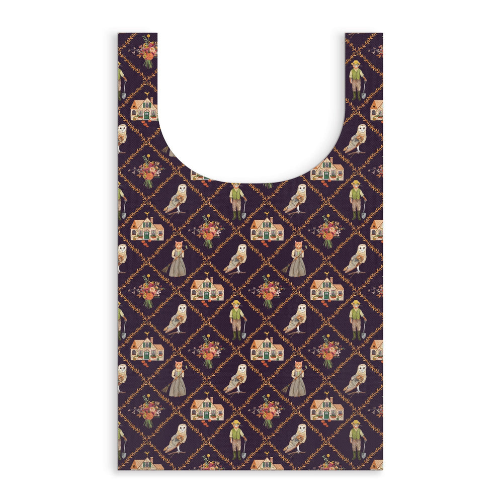 The Cottage Cats Packable Nylon Tote by Anja Riebensahm features a dark, patterned design with vintage-style flowers, books, and characters in old-fashioned clothing arranged in a diamond grid.