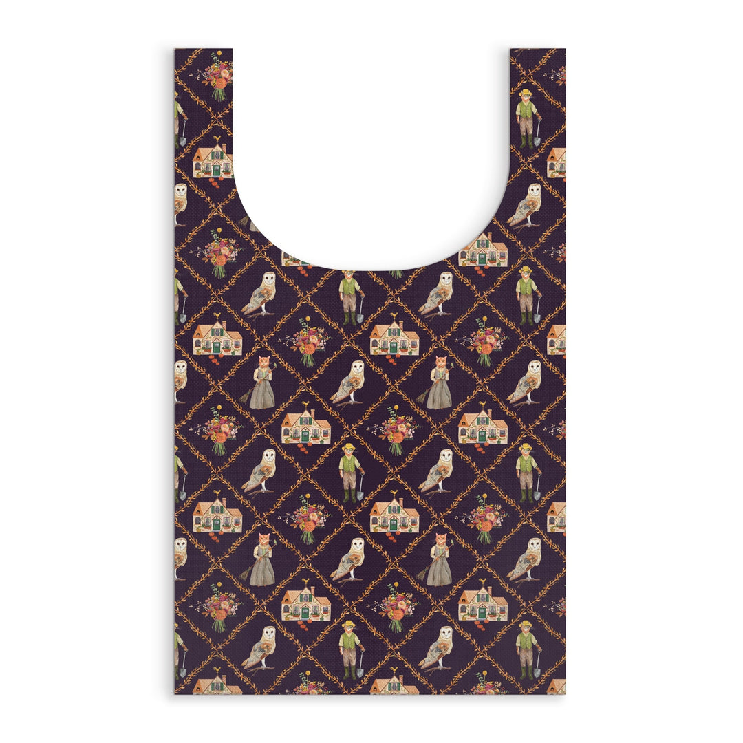 The Cottage Cats Packable Nylon Tote by Anja Riebensahm features a dark, patterned design with vintage-style flowers, books, and characters in old-fashioned clothing arranged in a diamond grid.