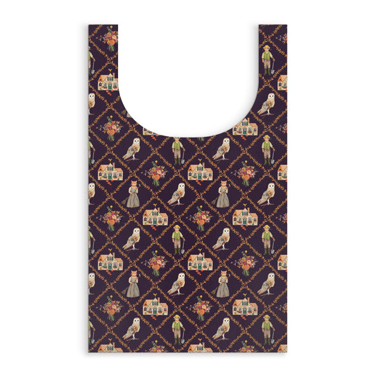 The Cottage Cats Packable Nylon Tote by Anja Riebensahm features a dark, patterned design with vintage-style flowers, books, and characters in old-fashioned clothing arranged in a diamond grid.