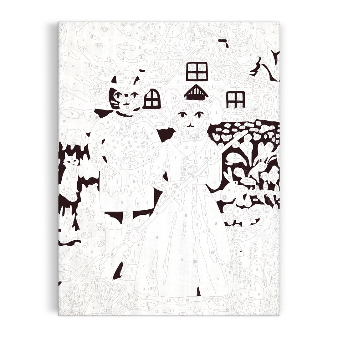 The Anja Riebensahm "Cottage Cats" 9x12 Paint by Number Kit features two anthropomorphic cats in vintage attire before a house, inspired by American Gothic, with a third cat in the background.