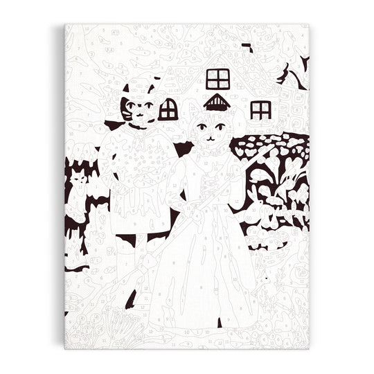 The Anja Riebensahm "Cottage Cats" 9x12 Paint by Number Kit features two anthropomorphic cats in vintage attire before a house, inspired by American Gothic, with a third cat in the background.