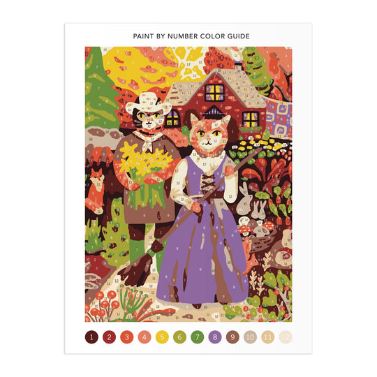 The Cottage Cats 9 x 12 Paint by Number Kit by Anja Riebensahm features two vintage-dressed cats in a vibrant autumn village with house, flowers, mushrooms, and trees. Includes numbered color key with 12 colors.