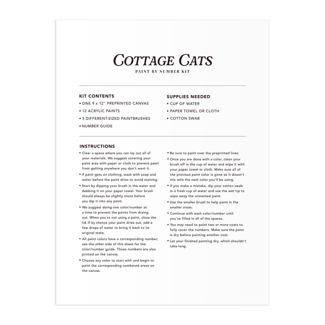 The printed instruction sheet in the Anja Riebensahm Cottage Cats 9 x 12 Paint by Number Kit clearly lists kit contents, required supplies, and step-by-step directions for completing your paint by number canvas.