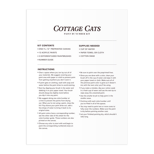 The printed instruction sheet in the Anja Riebensahm Cottage Cats 9 x 12 Paint by Number Kit clearly lists kit contents, required supplies, and step-by-step directions for completing your paint by number canvas.