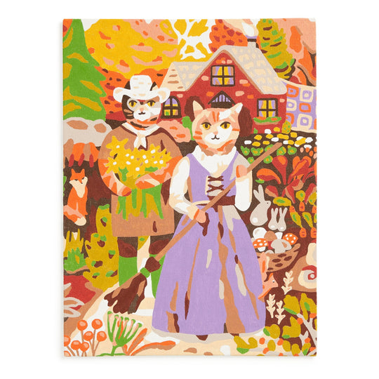The Cottage Cats 9 x 12 Paint by Number Kit by Anja Riebensahm features two vintage-dressed cats with a broom and flowers in front of a house in autumn, joined by rabbits and a fox.