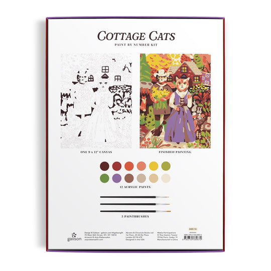 The image displays the back of the Anja Riebensahm Cottage Cats 9 x 12 Paint by Number Kit box, featuring a black-and-white canvas, a finished colorful cat painting, twelve paint colors, and three paintbrushes.