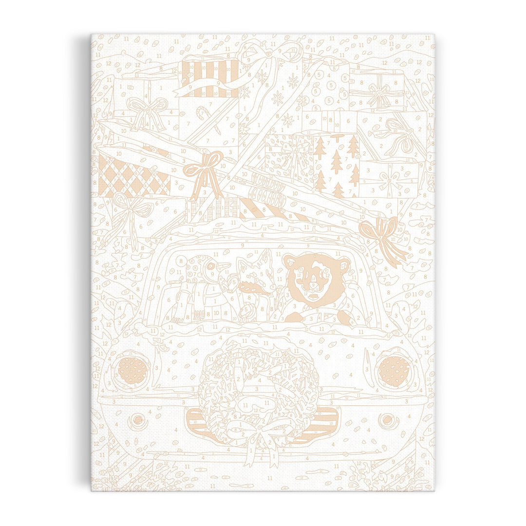 Capture festive fun with the Christmas Joyride 9 x 12" Paint by Number Kit by Emily Taylor, featuring a bear driving a car with a dog passenger, surrounded by snow, gifts, and holiday decorations.