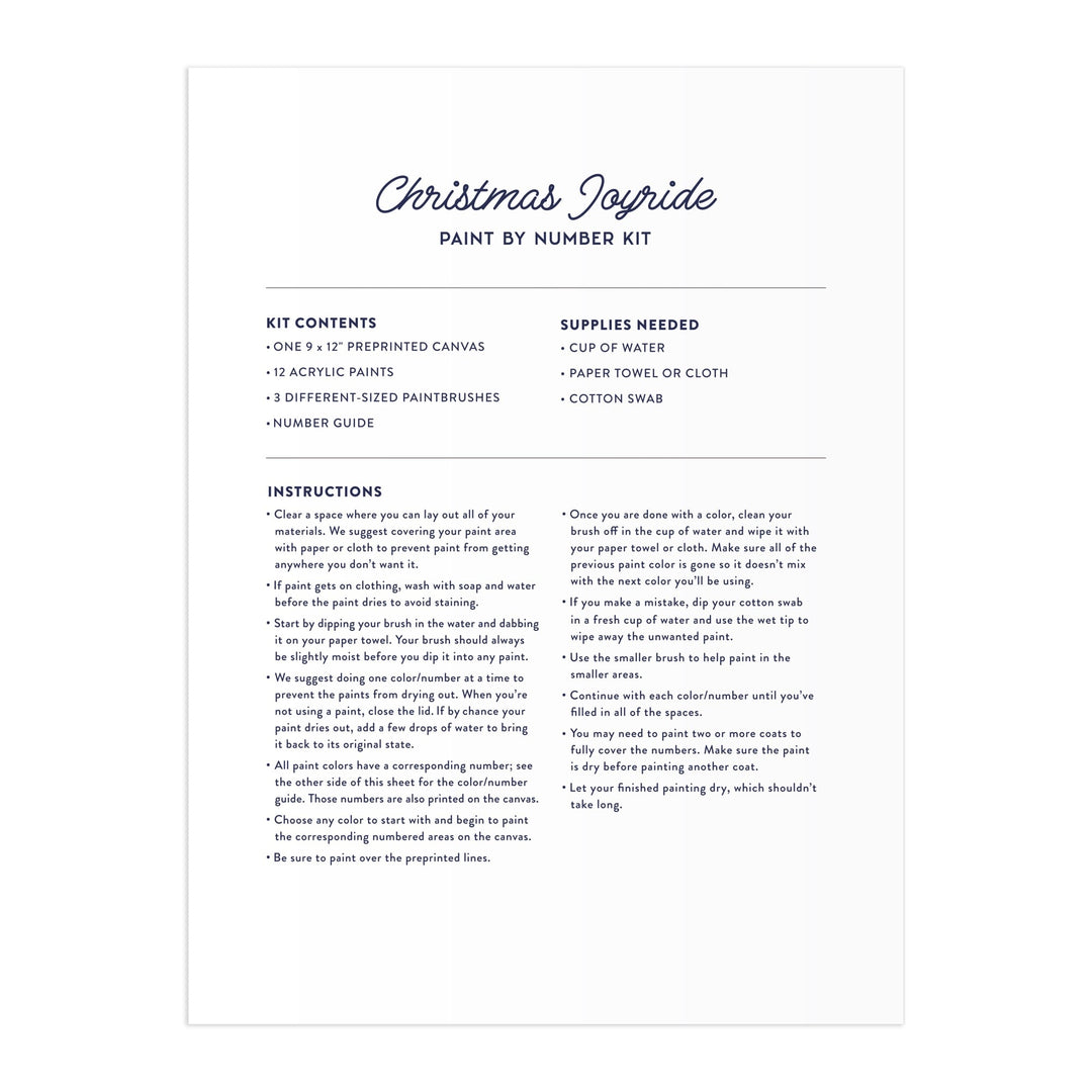 The Emily Taylor Christmas Joyride 9 x 12" Paint by Number Kit includes an instruction sheet outlining kit contents, required supplies, and step-by-step directions for painting the preprinted canvas with acrylic paints.