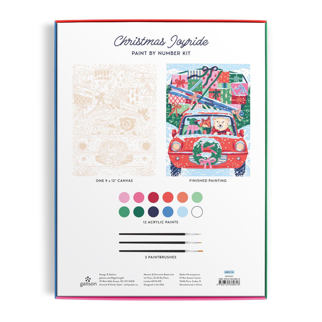 Back of Emily Taylor’s Christmas Joyride 9 x 12" Paint by Number Kit box shows a coloring canvas, a finished festive car scene with dogs, 12 acrylic paint colors, and 3 paintbrushes.