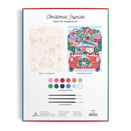 Back of Emily Taylor’s Christmas Joyride 9 x 12" Paint by Number Kit box shows a coloring canvas, a finished festive car scene with dogs, 12 acrylic paint colors, and 3 paintbrushes.