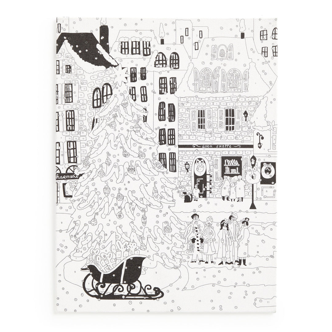 A black-and-white illustration of a snowy town square with shops, festive decor, a Christmas tree, and four people features in the Joy Laforme Christmas Square 9 x 12 Paint by Number Kit by Joy Laforme.